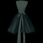 Dusty Green Vintage Short Prom Dress, Sleeveless Round Neck, Chest Pleated Detail, High Waist, Voluminous Tulle Midi Skirt, Large Back Bow, Retro 50s Cocktail Party Gown gh8885