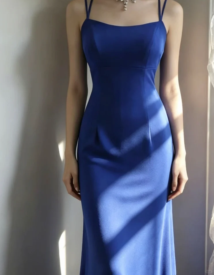 Royal Blue Double Spaghetti Strap Mermaid Evening Gown, Square Neck Satin Fitted Long Formal Prom Dress gh9120