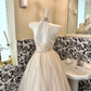 Light Apricot Halter Waist-Cinched Voluminous Skirt Long Romantic Dress, Wedding Gown gh7734