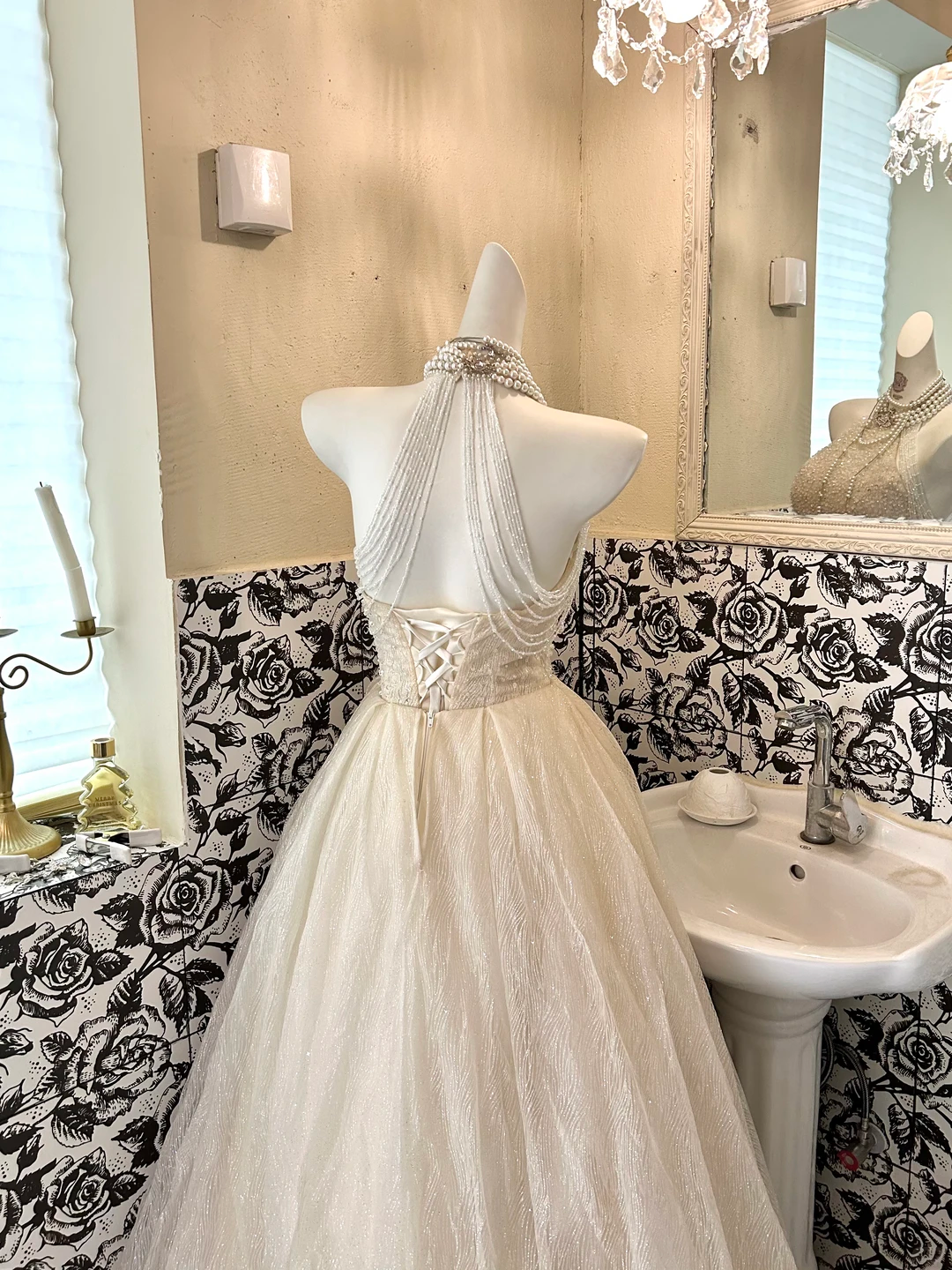 Light Apricot Halter Waist-Cinched Voluminous Skirt Long Romantic Dress, Wedding Gown gh7734
