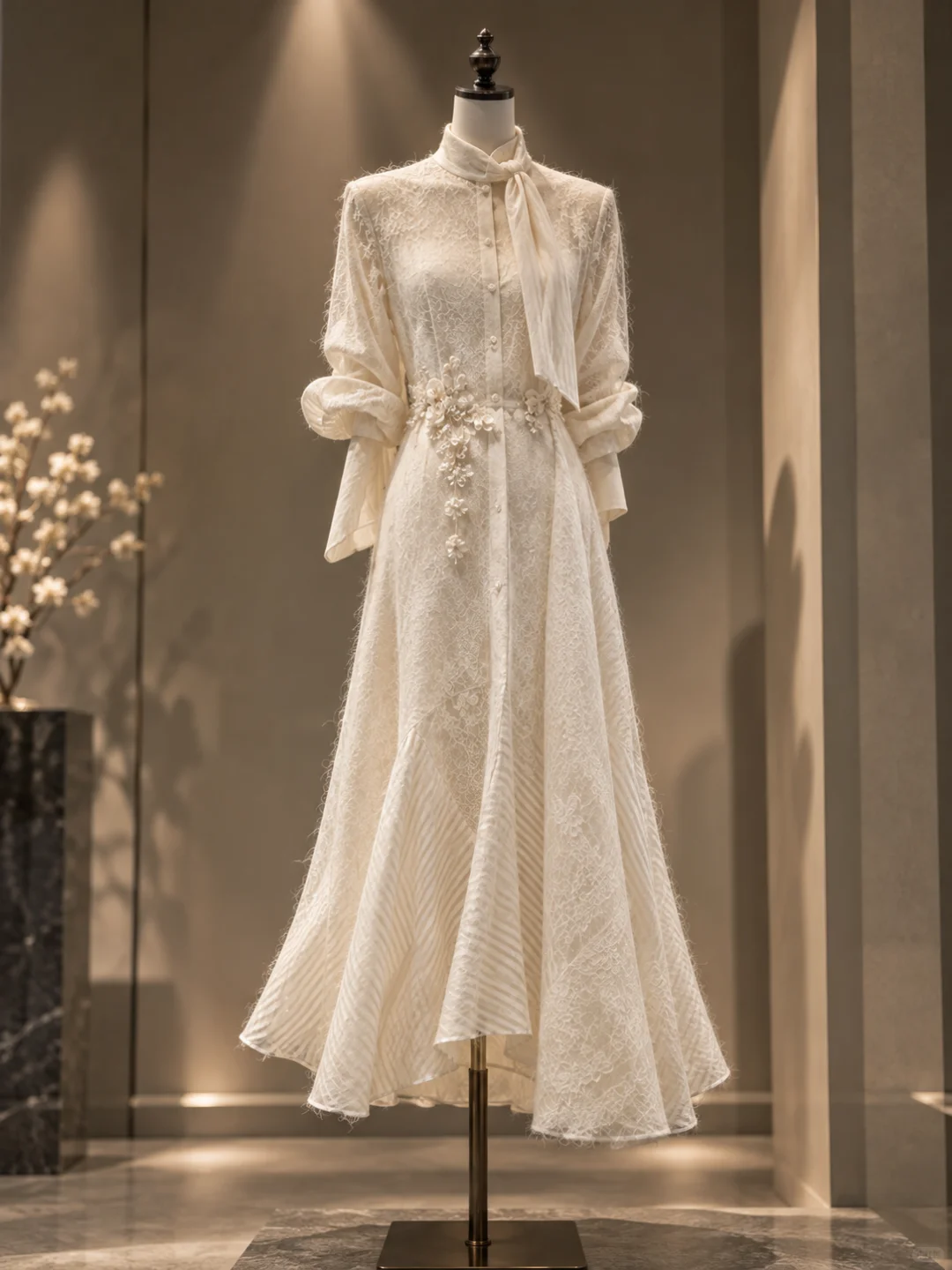 ✨Girlhomeshops-Chic Ivory Tie Neck New Chinese Lace Midi Gown gh10320