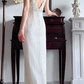 Off‑White Vintage Halter Maxi Gown, Ornate Lace Applique V‑Neck Bodice, Textured Vertical‑Stripe Fabric, Fitted Sheath Silhouette, Front High‑Slit Design, Elegant Retro Light‑Wedding Evening Party Dress gh8844