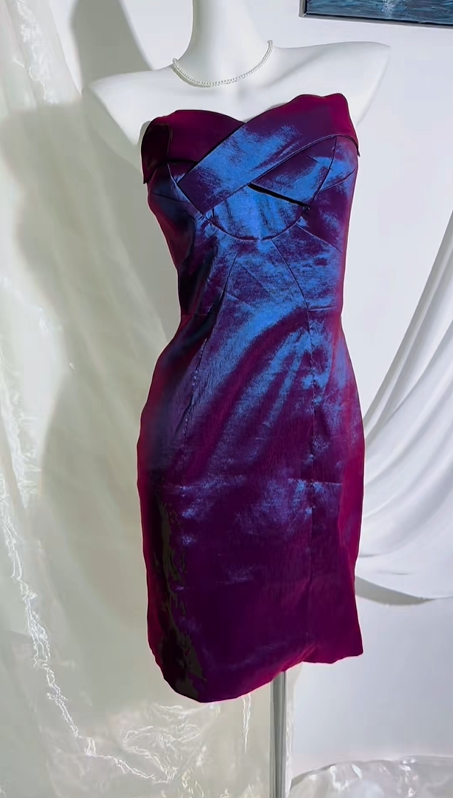 Vintage Blue Purple Satin Strapless Short Prom & Evening Party Dress, Fitted Waist Slim Silhouette gh8544