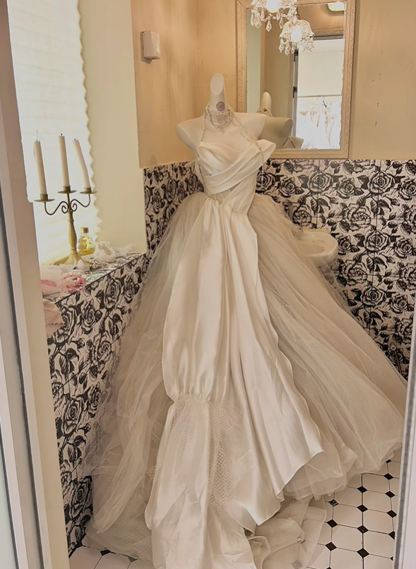 Ivory Strapless Cinched Waist Voluminous Princess Skirt Long Elegant Romantic Dress, Wedding Gown gh7816