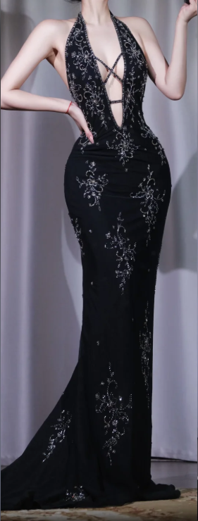 ✨Girlhomeshops-Black Halter Rhinestone Beaded Mermaid Prom Dress Backless Cutout gh10026