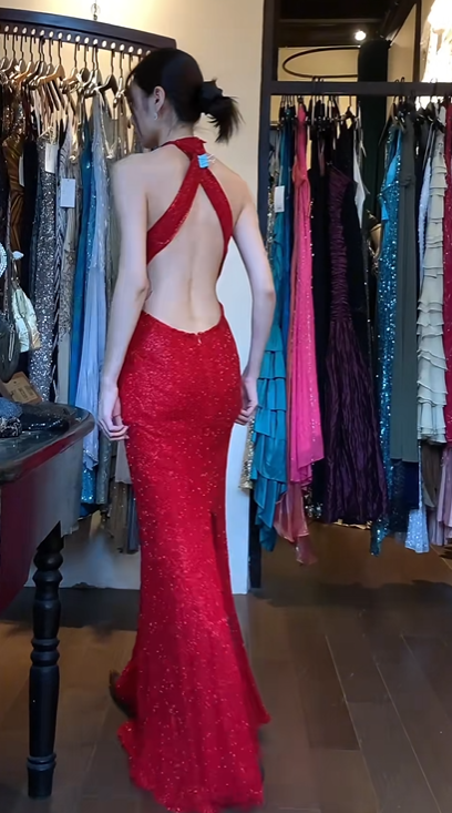 Red Halter Neck Long Evening Gown Sparkly Sequin Mermaid Prom Dress gh9673