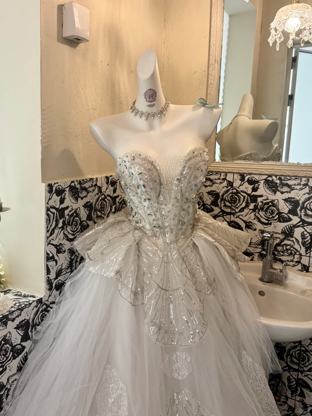 Ivory Strapless Silver Embellished Luxury Elegant Waist-Cinched Voluminous Skirt Long Romantic Dress, Wedding Gown gh7598