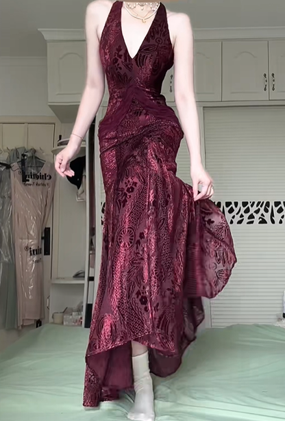 Burgundy Halter V‑Neck Long Evening Gown, Burnout Floral Velvet High‑Low Mermaid Formal Prom Dress gh9047
