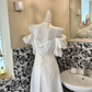 White Spaghetti Strap Off-the-Shoulder Waist-Cinched Elegant Vintage Romantic Dress, Wedding Gown gh7582