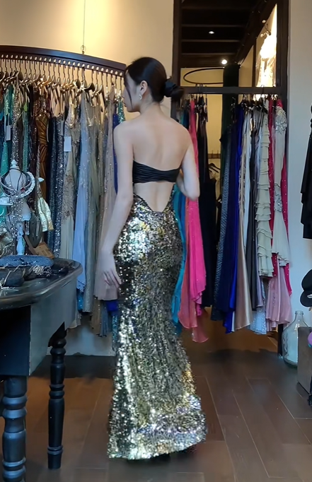 Strapless Two Tone Black Gold Evening Gown Ruched Satin Gold Sequin Mermaid Long Prom Dress gh9682