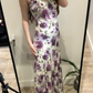 White Base Purple Vintage Print Spaghetti Strap Fitted Waist Slim Sexy Prom Gown, Evening Party Dress gh8449