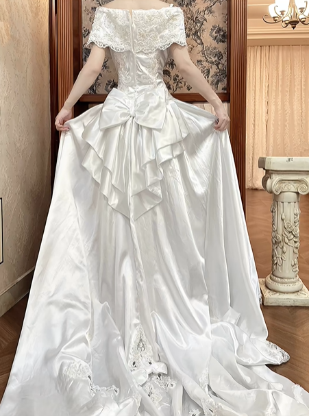 White Vintage Satin A‑Line Wedding Prom Dress, Off‑the‑Shoulder V‑Neck Cape Sleeves, Lace Beaded Bodice, Lace Appliqués Long Train gh8712