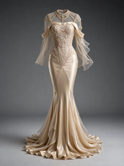 ✨Girlhomeshops-Champagne Satin Mermaid Gown with Lace Beads and Pearl Tulle Cape gh10505