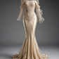 ✨Girlhomeshops-Champagne Satin Mermaid Gown with Lace Beads and Pearl Tulle Cape gh10505
