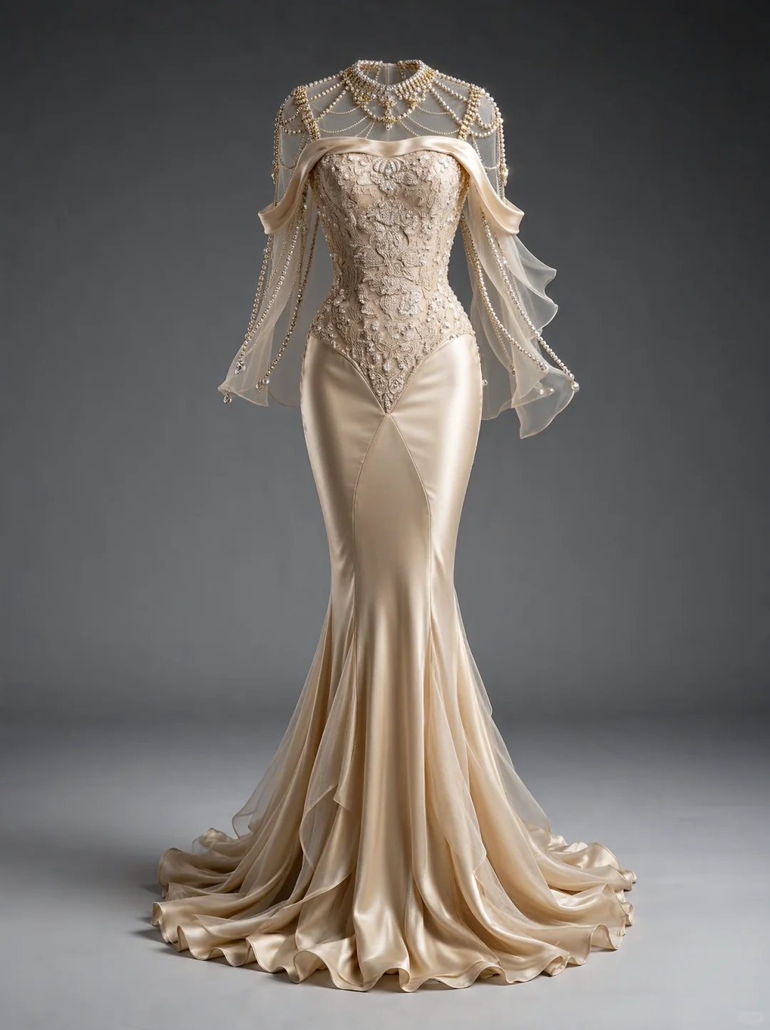 ✨Girlhomeshops-Champagne Satin Mermaid Gown with Lace Beads and Pearl Tulle Cape gh10505