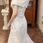 White Vintage Satin Mermaid Wedding Prom Dress, Off‑the‑Shoulder V‑Neck Lace Collar, Embroidered Lace Appliqués, Tulle Mermaid Long Train gh8693