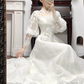 Ivory Vintage Lace Mock‑High‑Neck Puff‑Sleeve Double‑Lace‑Trim Long Train Wedding Dress gh8771