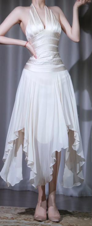✨Girlhomeshops-Ivory Halter Midi Prom Gown V Neck Open Back Irregular Ruffle Hem Chiffon Cocktail Dress gh10104