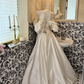 White Off-the-Shoulder Satin Cloud Neckline Waist-Cinched Fitted Elegant Romantic Dress, Wedding Gown gh7543