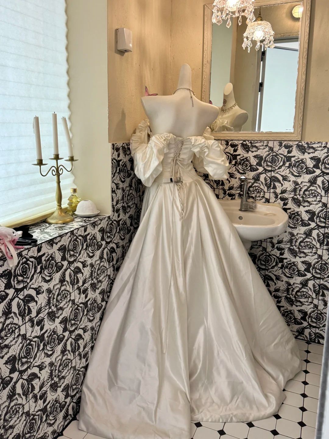 White Off-the-Shoulder Satin Cloud Neckline Waist-Cinched Fitted Elegant Romantic Dress, Wedding Gown gh7543