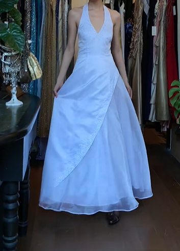 White Vintage Prom Dress Halter Deep V Rhinestone Accent Asymmetric Layered Tulle A-Line Long Evening Gown gh9629