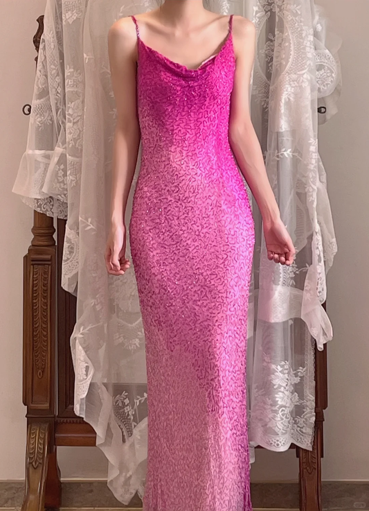 Magenta Ombre Sequin Slip Maxi Gown, Cowl Neck Mermaid Party Dress gh9326