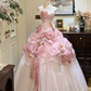 Romantisches Vintage-Kleid in Hellrosa im Retro-Stil – trägerloses, mehrlagiges Ballkleid mit 3D-Blumenmuster aus Spitze, Maxikleid für Partys, gh6998