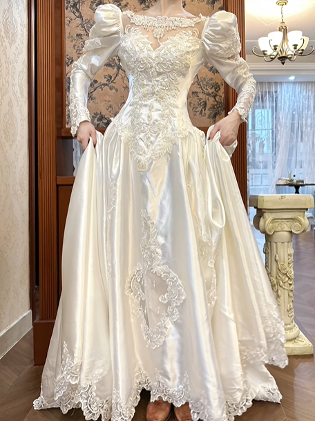 Ivory Vintage Satin Lace Ballgown Wedding Dress, Puff Long Sleeve Bridal Prom Dress gh8732
