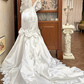 Ivory Vintage Satin Mermaid Wedding Prom Dress, Lace High Neck Illusion V‑Neck, Leg‑of‑Mutton Puff Sleeves, Gold‑Silver Lace Appliqués, Back Bow, Scalloped Lace Long Train gh8674