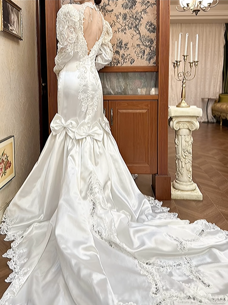 Ivory Vintage Satin Mermaid Wedding Prom Dress, Lace High Neck Illusion V‑Neck, Leg‑of‑Mutton Puff Sleeves, Gold‑Silver Lace Appliqués, Back Bow, Scalloped Lace Long Train gh8674