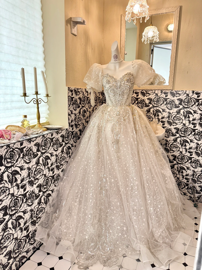 Ivory Puff Sleeve Square Neck Beaded Cinched Waist Voluminous Skirt Long Romantic Dress, Wedding Gown gh7783