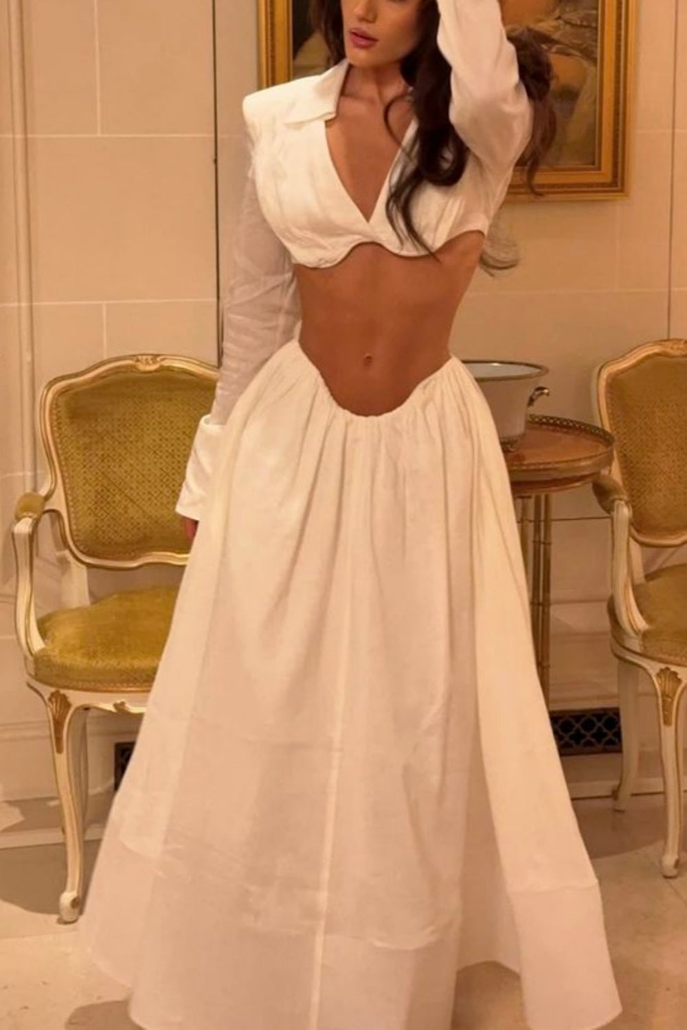 Chic Luxury Edgy Style Cutout Set Dress | White Shirt-Style Bandeau + Ballgown Maxi Skirt for Art Exhibition Gala Luxury Social Outfit gh6437