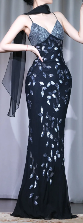 ✨Girlhomeshops-Spaghetti Strap Black Leaf Sequin Mermaid Long Evening Gown With Shawl gh10006