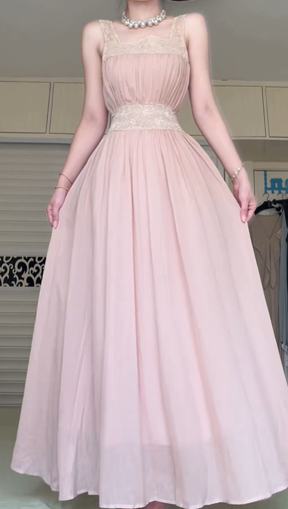 Dusty Pink Lace Strap Long Bridesmaid Gown, Square Neck, Lace Waistband, Chiffon A‑Line Floor‑Length Evening Dress gh8934
