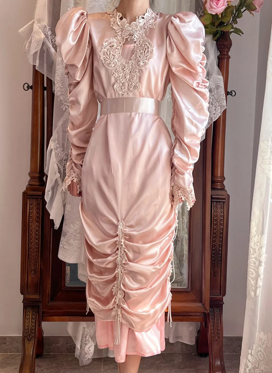 Light Pink Vintage Satin Midi Gown, Puff Long Sleeve Formal Dress gh9300
