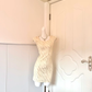 Women Cream Beige Homecoming Dress, Cap Sleeve Square Neck Slim‑Fit Bodycon Mini Dress With All‑Over Diagonal Sequin Beaded Stripe gh9183