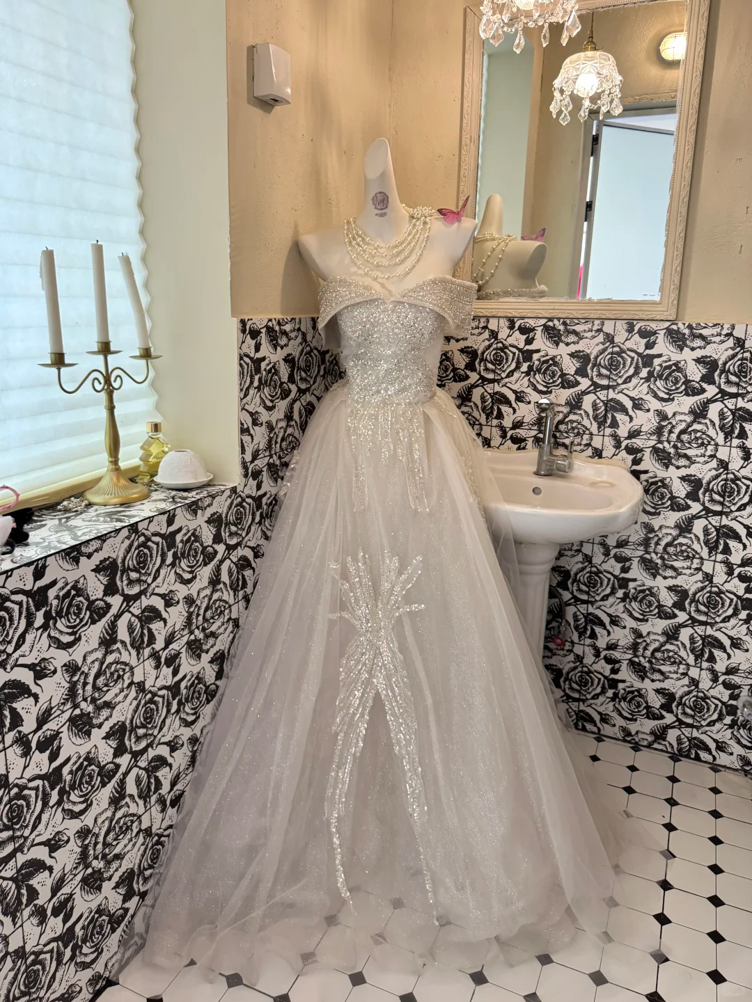 Ivory Off-the-Shoulder Sequin Waist-Cinched Fitted A-Line Romantic Dress, Wedding Gown gh7545
