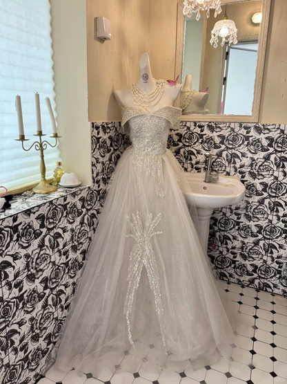 Ivory Off-the-Shoulder Sequin Waist-Cinched Fitted A-Line Romantic Dress, Wedding Gown gh7545