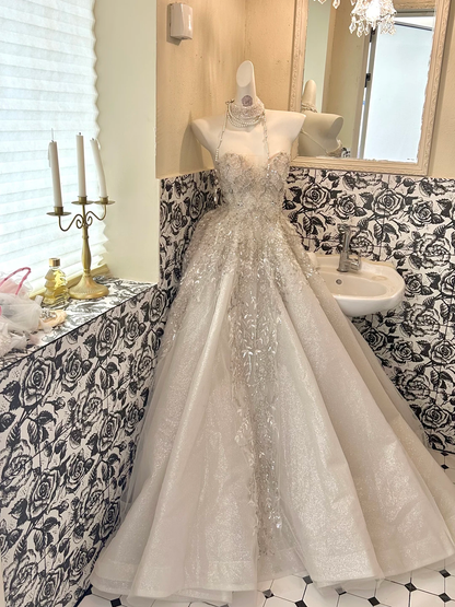 Silver Grey Strapless Rhinestone Cinched Waist Full Flared Skirt Long Romantic Dress, Wedding Gown gh7798