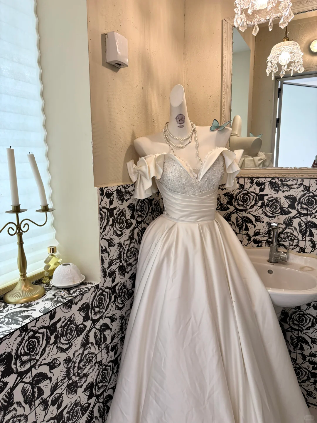 White Off Shoulder Satin Waist-Cinched Full Flared Romantic Dress, Wedding Gown gh7534