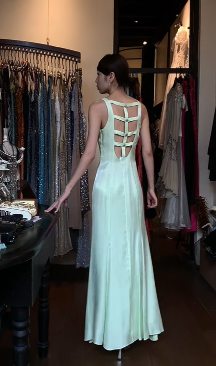 Sleeveless Round Neck Mint Green Satin Evening Gown Minimalist Flowy Long Prom Dress gh9695
