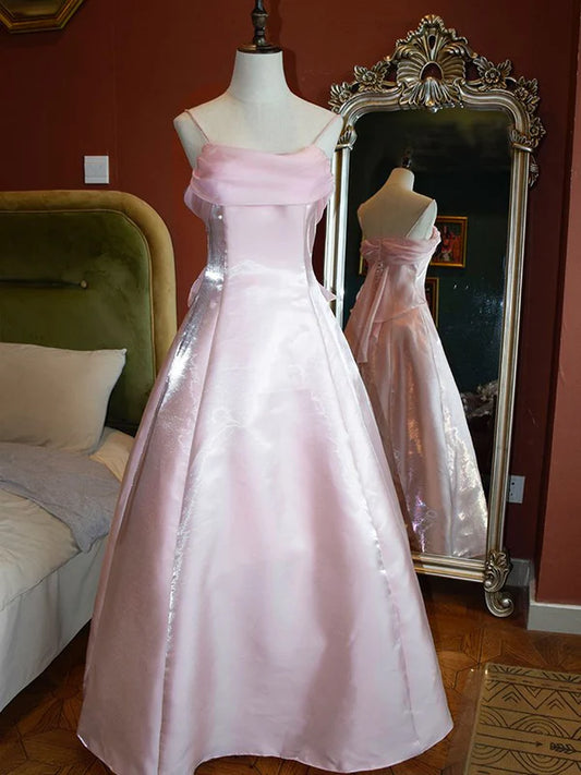 Pink Spaghetti Strap Tulle Tulle Elegant Long Satin Ball Gown Evening Dress gh3259