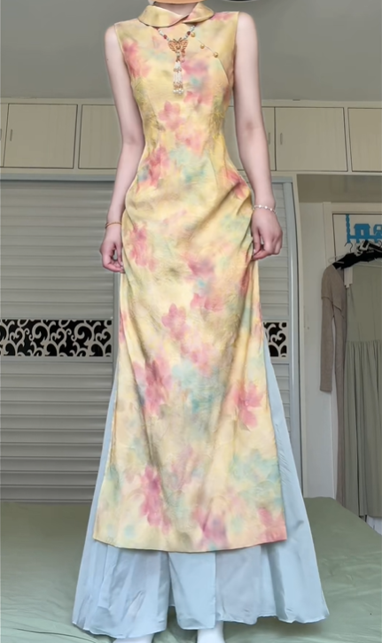 New Chinese Style Sleeveless Modified Qipao Evening Gown, Watercolor Floral Print Stand‑Collar Slit Qipao With Wide‑Leg Underskirt Formal Dress gh8977