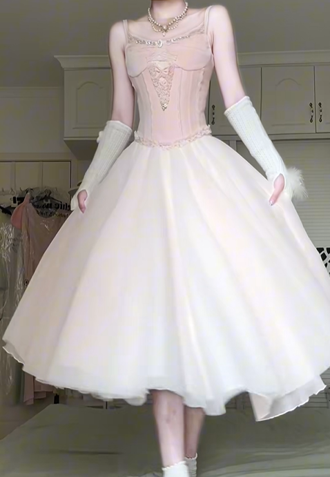Light Apricot‑Pink Spaghetti Strap Midi Evening Gown, Lace Corset Bodice Rhinestone Tulle A‑Line Prom Dress gh9050