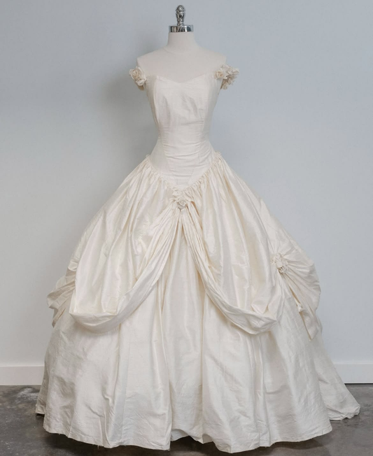 ✨Girlhomeshops-Off The Shoulder Cream 3D Floral Corset Vintage Ballgown Wedding Dress gh10223