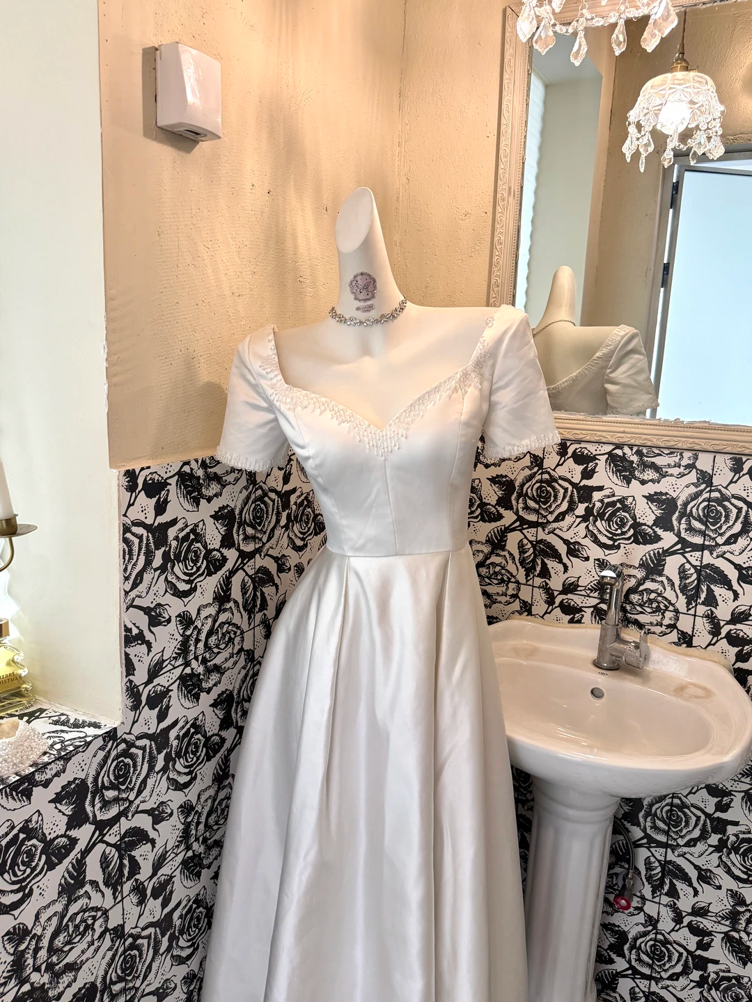 White Satin High Waist Fitted Slimming Full Flared Skirt Romantic Dress, Wedding Gown gh7601