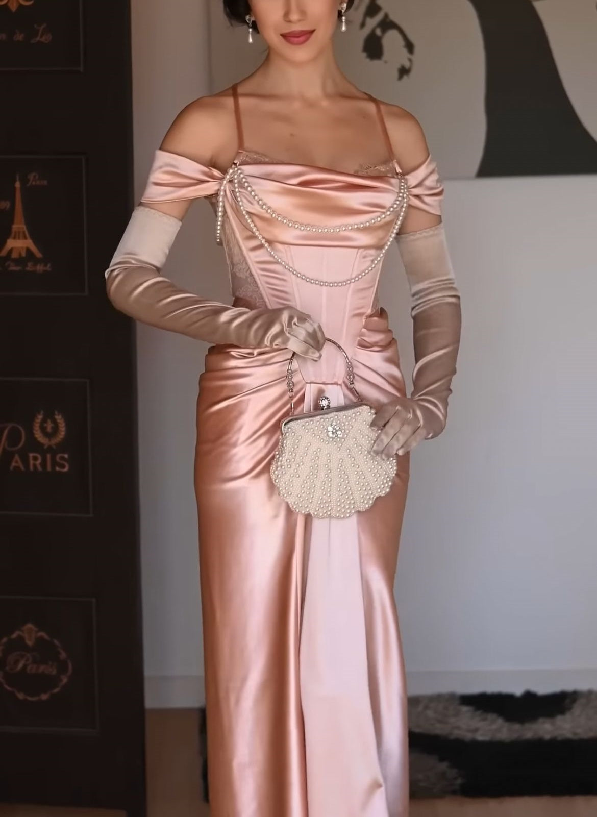 Rosa Vintage Perlen Perlen lange Satin formale Ballkleid Abendkleid Partykleid Brautjungfer Kleider gh4899
