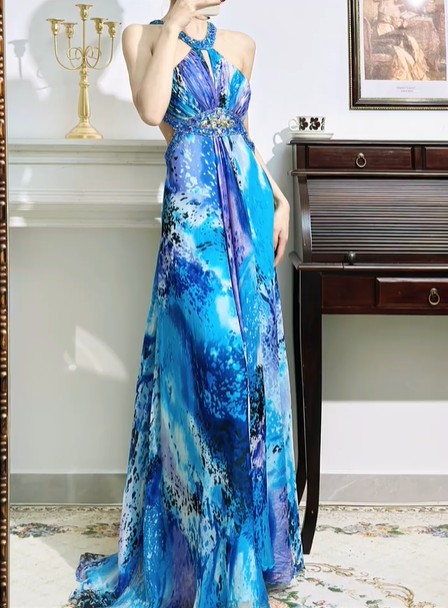 Blue‑Purple Vintage Halter Keyhole‑Neck Beaded‑Waist Open‑Back Watercolor‑Print Chiffon Floor‑Length Evening Prom Gown gh8806