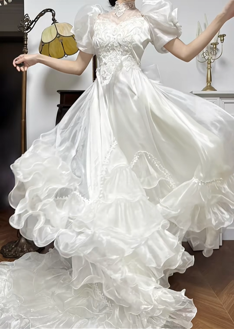 Ivory Vintage Puff‑Short‑Sleeve Multi‑Ruffle Organza Long Train Wedding Dress gh8770