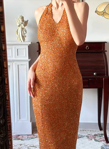 Caramel‑Orange‑Sparkly‑Vintage Halter‑V‑Neck All‑Over‑Hand‑Beaded‑Sequin Bodycon Floor‑Length Column‑Mermaid Evening Prom Gown gh8816